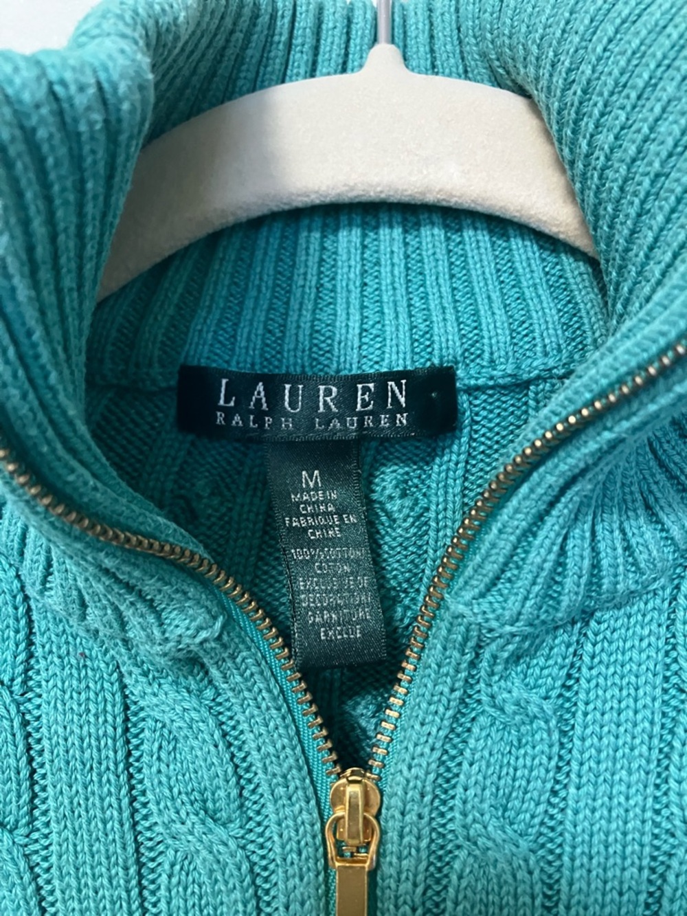 Ralph Lauren Green Turquoise Cable-Knit Full-Zip Sweater with Crest - Picture 3 of 5